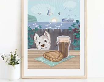 Dog by the Cornish Sea Wall Art Print, Pasty, Beer and Westie by the Sea Print