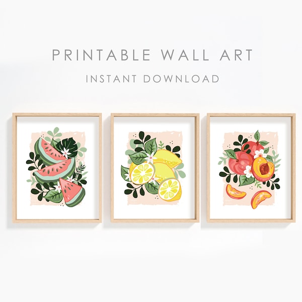 Set of 3 Printable Kitchen Wall Art of Summer Fruits, Peaches, Watermelons & Lemons