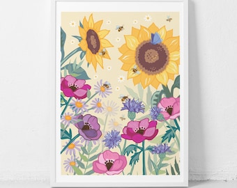 Sunflowers, Anemones and Bees Wall Art Print, Summer Garden Flowers illustration print,