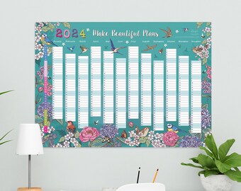 2024 Wall Planner, Flowers and Garden Birds Wall Calendar, Year To View Planner