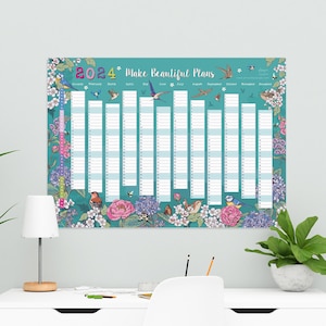 2024 Wall Planner, Flowers and Garden Birds Wall Calendar, Year To View Planner