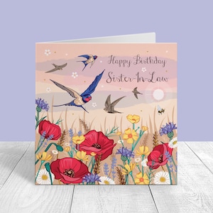 Carte d'anniversaire de belle-sœur, carte de martinets et d'hirondelles, carte florale lumineuse