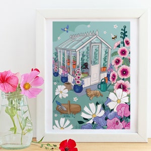 Cats in Greenhouse Art Print: SweetPeas Garden Illustration