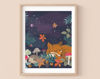 Fox, Hedgehog and Night Sky Nursery Print