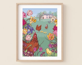 Spring Chickens Wall Art Print, Tulips and Chickens Print