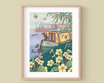 Houseboat in Spring Wall Art Print, Canal life illustration print