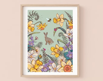 March Hare Wall Art Print, Spring Flowers and Hare Print