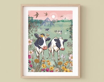 Glastonbury Cows Wall Art Print, Moo-Sic Festival Illustration Print