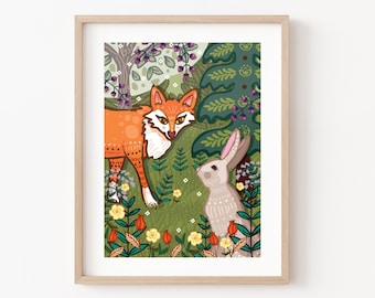 May include: A digital illustration of a fox and a rabbit in a forest setting. The fox is orange and white with black markings. The rabbit is white with gray markings. The background is green with flowers and leaves.