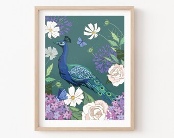 Peacock and Floral Illustration Print, Botanical Wildlife Wall Art