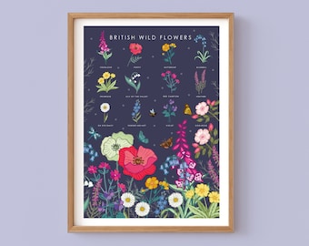 May include: A poster with a dark blue background featuring an illustration of various British wildflowers. The poster is titled "British Wild Flowers" and includes the names of each flower, such as "Foxglove", "Poppy", "Buttercup", and "Bluebell".