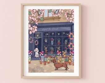 April Florist Shop Wall Art Print, Dachshund and Poodle Art,