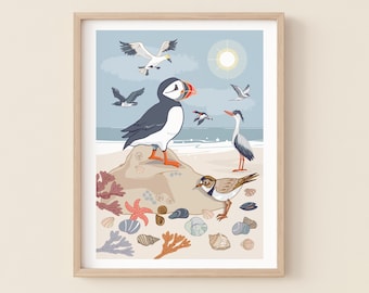 Puffin and Seabirds Wall Art Print, Coastal Birds Illustration Print