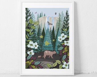 Yosemite National Park Art Print: Mama & Baby Bear Illustration