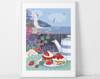 Seagull and Cream Tea By The Sea Wall Art Print