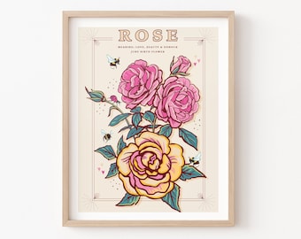 Rose Wall Art Print, June Birth Flower Illustration Print