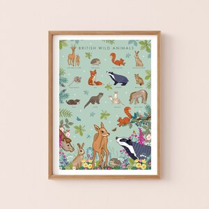 Stampa artistica da parete con animali del bosco - Poster naturalistico di animali selvatici britannici - Regalo di Natale - Decorazione da parete per la cameretta dei bambini