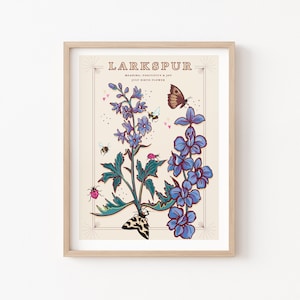 Stampa artistica da parete Larkspur, illustrazione del fiore di nascita di luglio