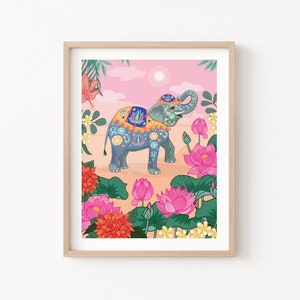 Stampa di un elefante fortunato con la proboscide alzata, decorazione murale di un elefante indiano, illustrazione di animali selvatici
