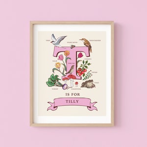 Impressão personalizada da letra T, arte de parede com inicial T, ilustração de monograma do guia da natureza