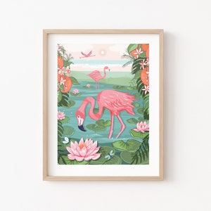 Flamingos and Waterlilies Botanical Wildlife Wall Art Print