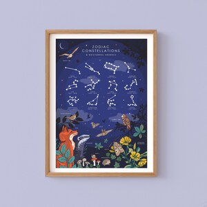 Sternzeichen-Konstellationen, Nachtaktive Tiere und Astrologie-Leitfaden, Wandkunst Druck