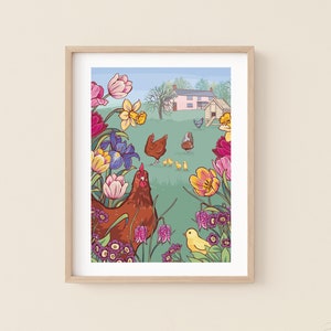 Impression d'art mural poulets printaniers, impression de tulipes et de poulets