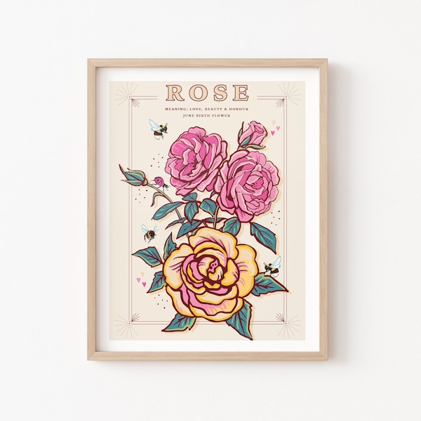 Muurkunstprint roos, illustratie print juni geboorte bloem