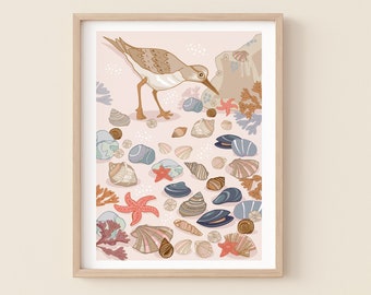 Sandpiper and Seabirds Wall Art Print, Coastal Birds Illustration Print