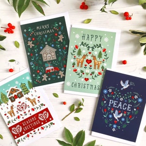 Set of 4 Christmas Cards Folk Hearts Themed