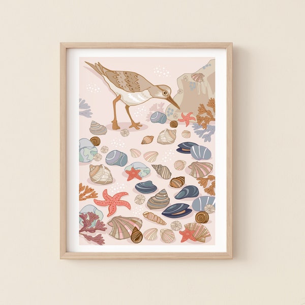 Sandpiper and Seabirds Wall Art Print, Coastal Birds Illustration Print