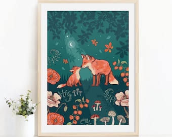 Fox and Cub in Autumn Woodland Nursery Print