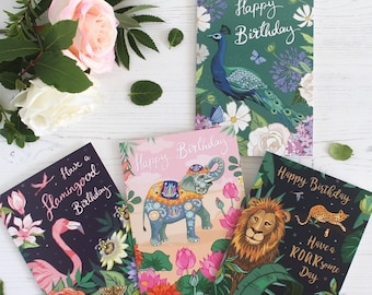 Set of 4 wildlife happy birthday cards, tropical animals and floral illustrations, Can be ordered individually