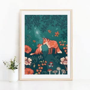 Fox and Cub in Autumn Woodland Nursery Print