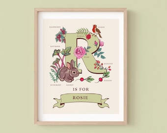 Personalised Letter R Print, Initial R Wall Art, Nature Guide Monogram Illustration