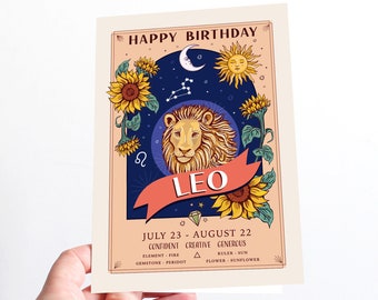 Leo Birthday Card, Happy Birthday Zodiac Star Sign Large A5 Card