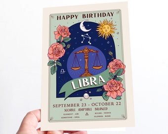Libra Birthday Card, Happy Birthday Zodiac Star Sign Large A5 Card