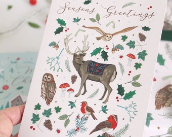 Christmas Card, Woodland Deer, Robins and Owls with Toadstools