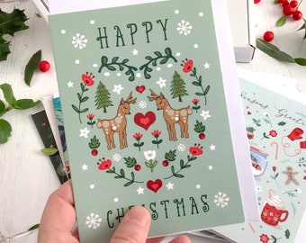 Happy Christmas Card Folk Style Heart with Reindeer