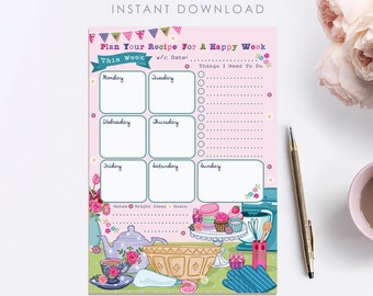 Printable Weekly Kitchen Planner,  Weekly Baking Planner,  Recipe for a Happy Week Planner