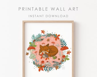 Autumn Fox & Hedgehog Printable Wall Art, Nursery Print