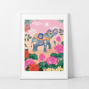 May include: A colorful illustration of an elephant decorated with floral patterns and surrounded by pink lotus flowers and green leaves against a pink background.
