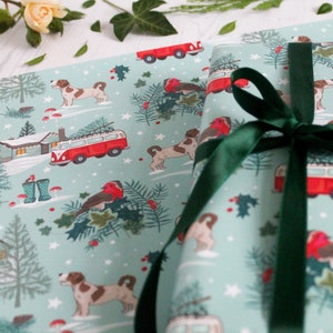 Vintage Style Christmas Gift Wrap with Tag, Camper Van and Christmas Tree Wrapping Paper