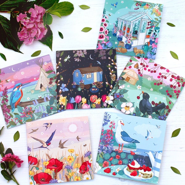 Set of 6 Summer Wildlife Notecards, mini card pack of 6 Summer Nature Scenes and Birds
