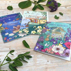 Conjunto de 3 tarjetas de cumpleaños florales, casas flotantes y tarjetas de vida silvestre
