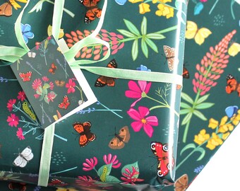 Butterflies and Garden Flowers Gift Wrap with Tag,  Butterfly Wrapping Paper, Scrapbook Paper