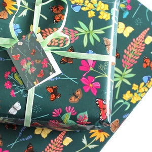 Butterflies and Garden Flowers Gift Wrap with Tag,  Butterfly Wrapping Paper, Scrapbook Paper