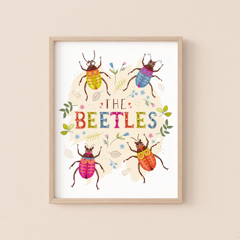 The Beetles Nursery Print, Beatles Themed Wall Art of Bugs and Insects for a Kids Room or Play Room image 1