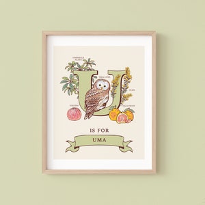 Impression lettre U personnalisée, art mural initial U, illustration du monogramme du guide de la nature