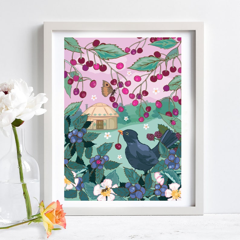 Blackbird Cherry Thief Wall Art Print, Yurt in a Field With a Blackbird in Summer Illustration Print image 4